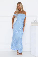 Lush Bloom Embroidered Off Shoulder Maxi Dress Blue