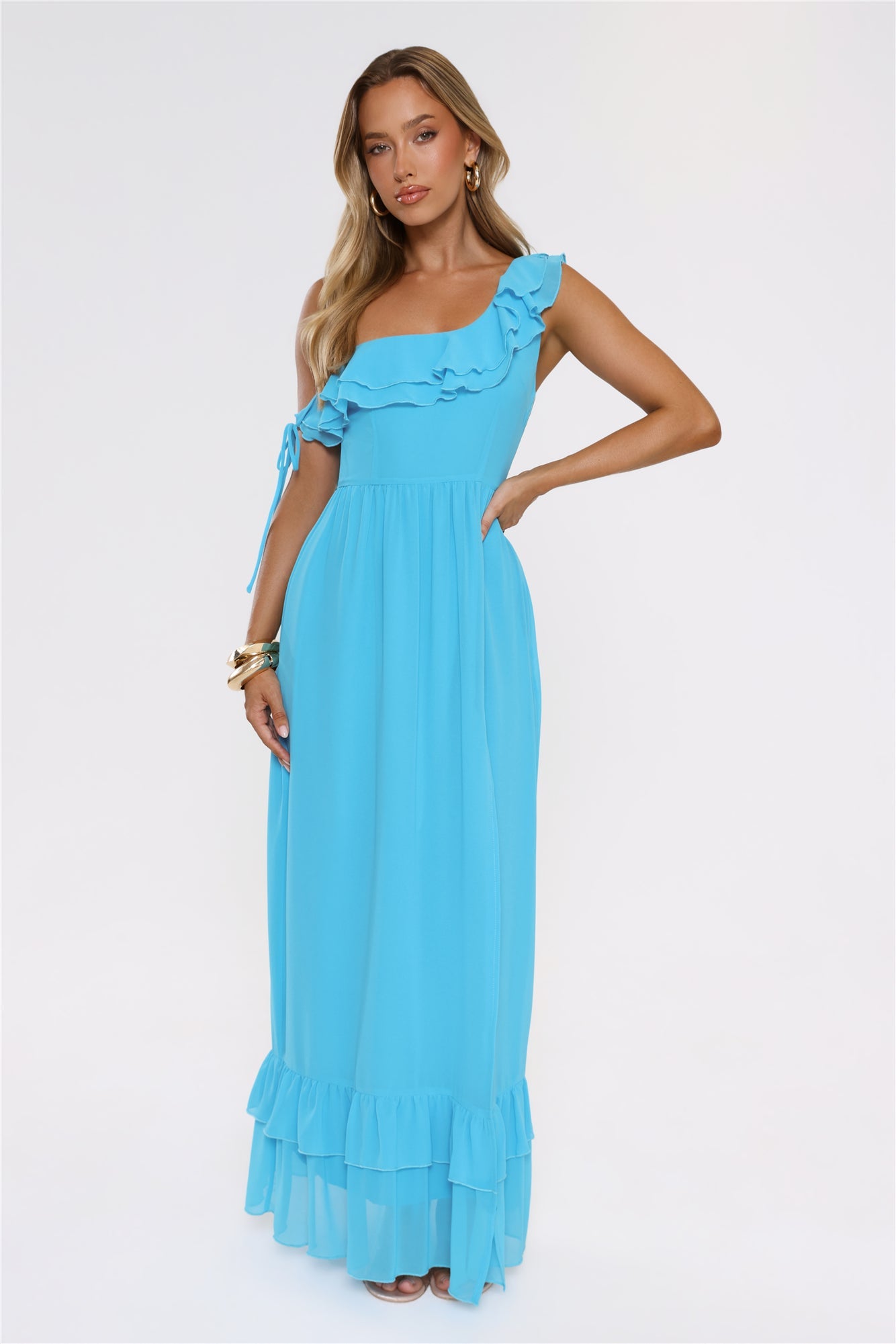 Diamond Horizon Off Shoulder Maxi Dress Blue