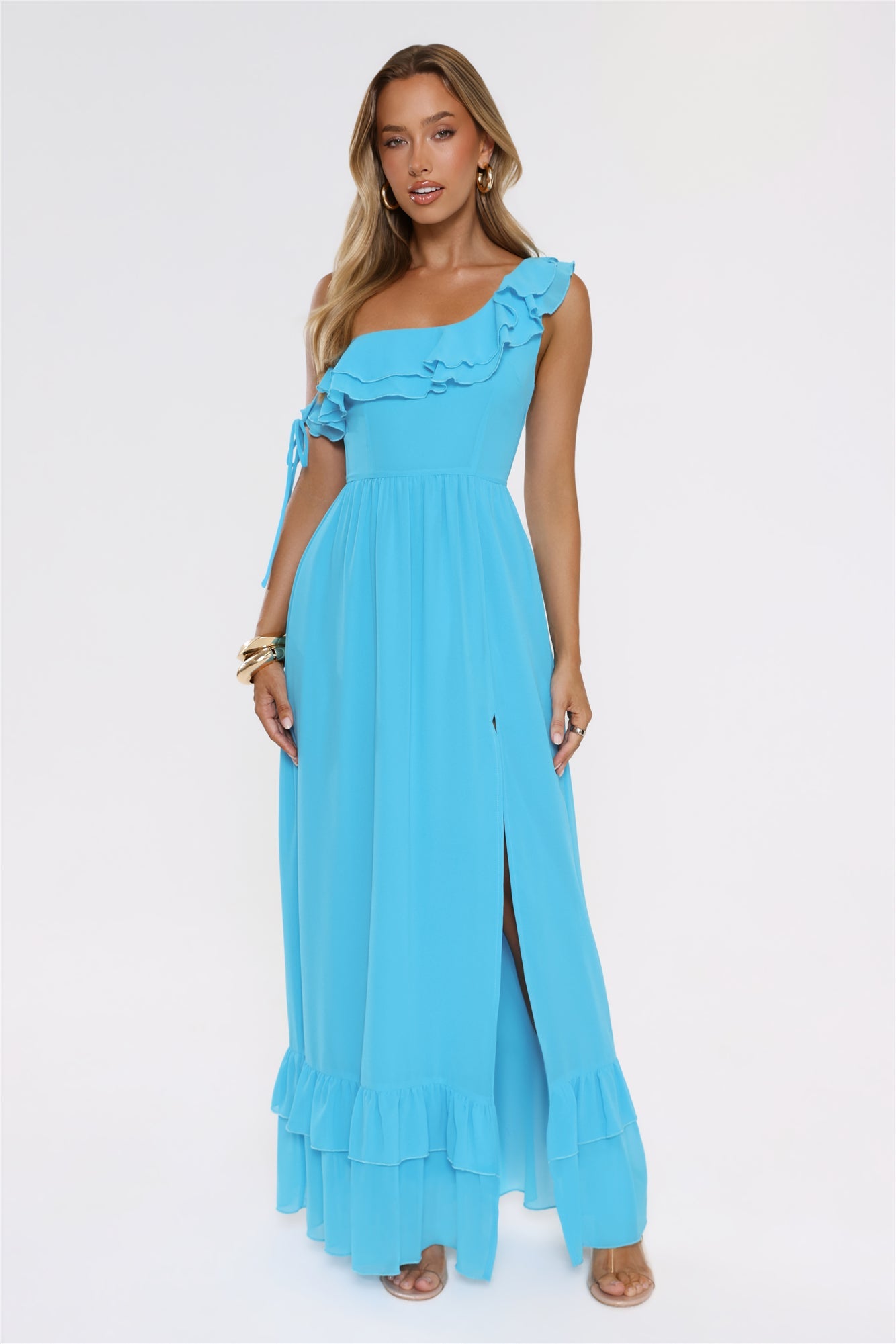 Diamond Horizon Off Shoulder Maxi Dress Blue