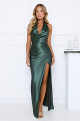 Cherry Glow Halter Satin Maxi Dress Teal
