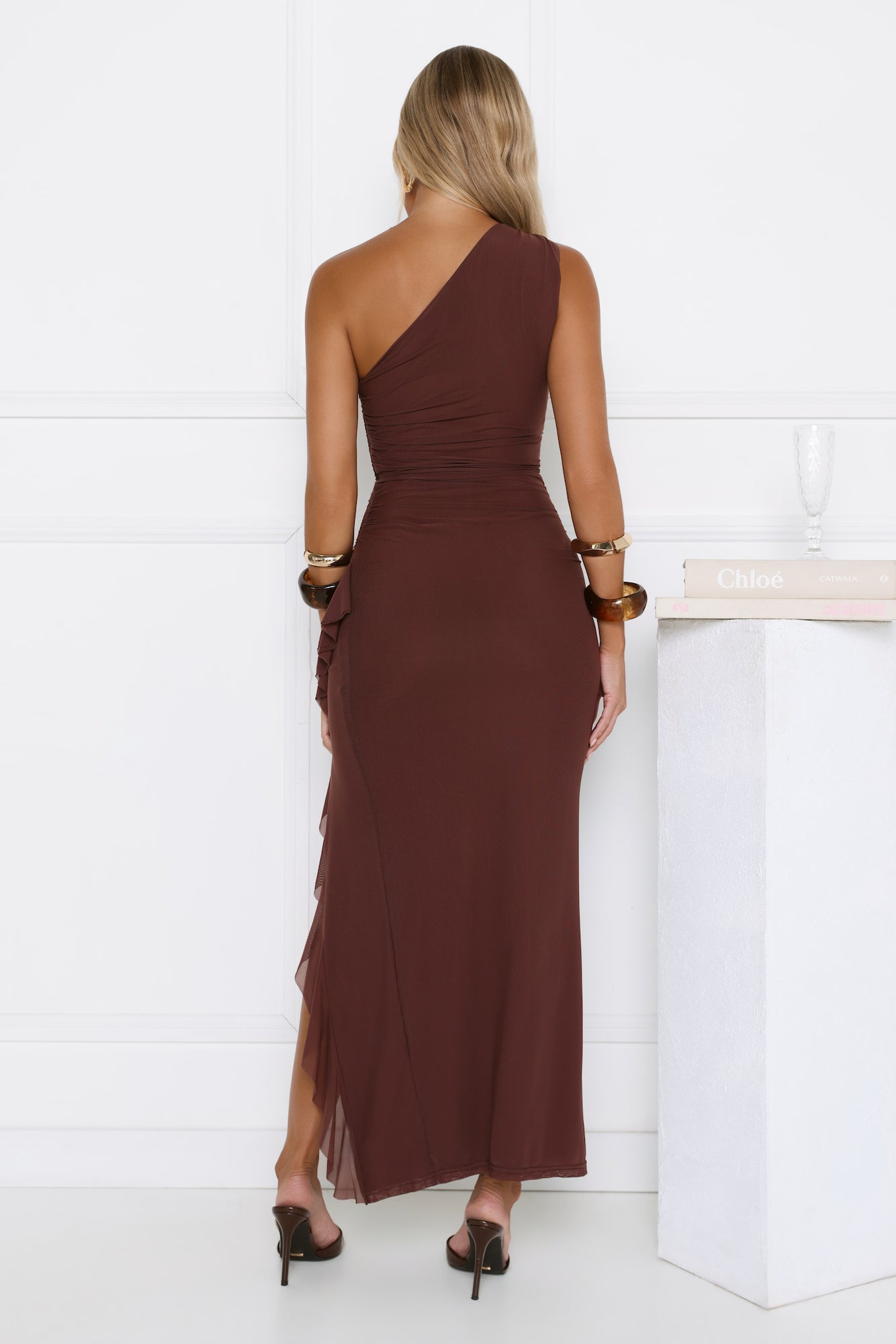 Neon Nectar One Shoulder Mesh Maxi Dress Brown