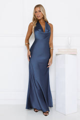 Glitz Gathering Halter Satin Maxi Dress Navy