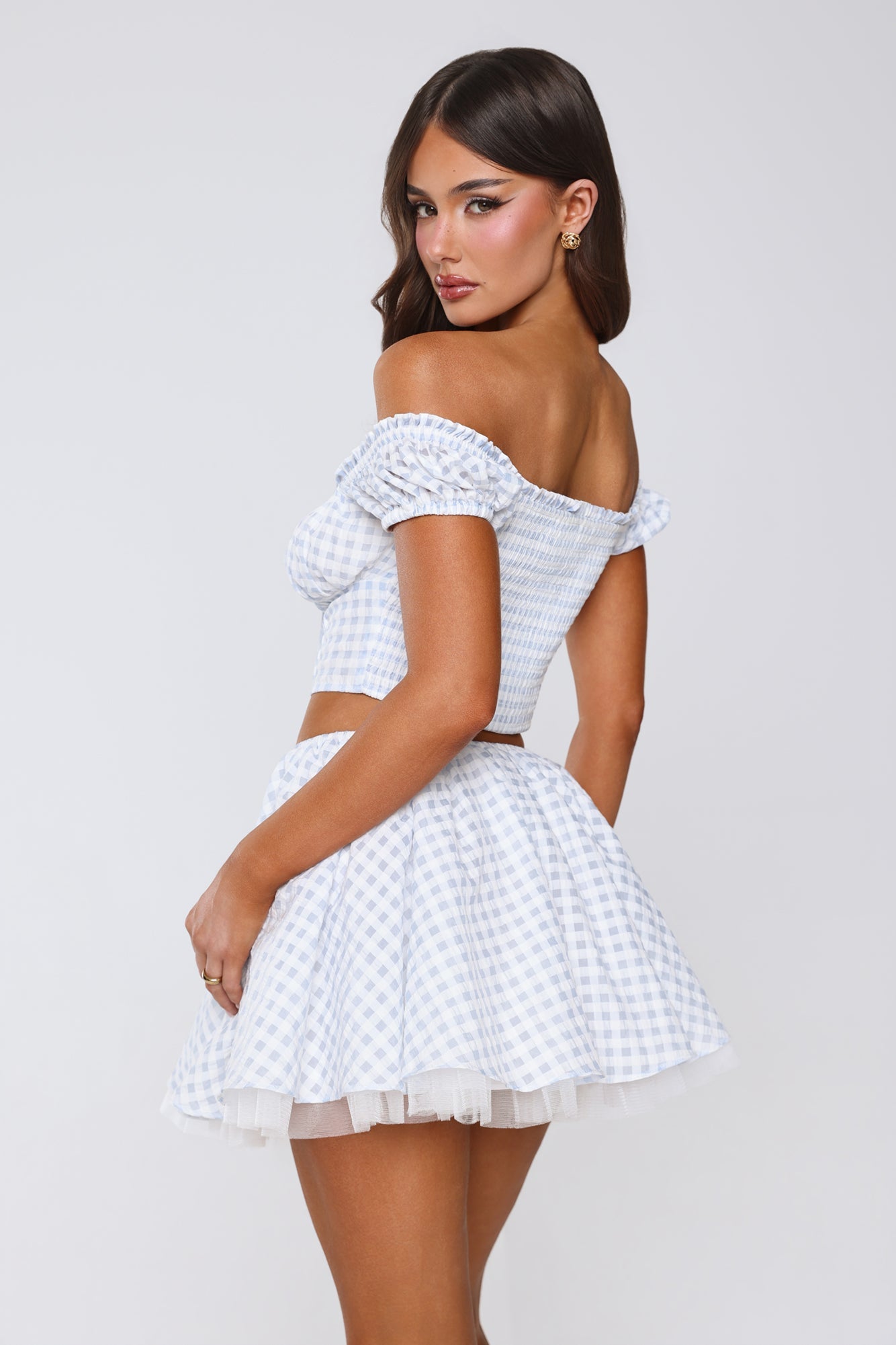 Candlelit Lovers Off Shoulder Gingham Crop Top Blue