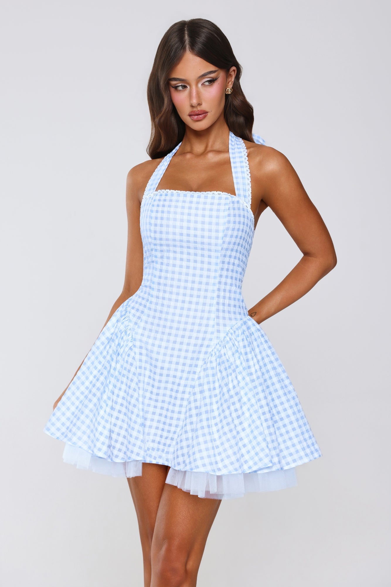Enchanted Lily Gingham Halter Mini Dress Blue