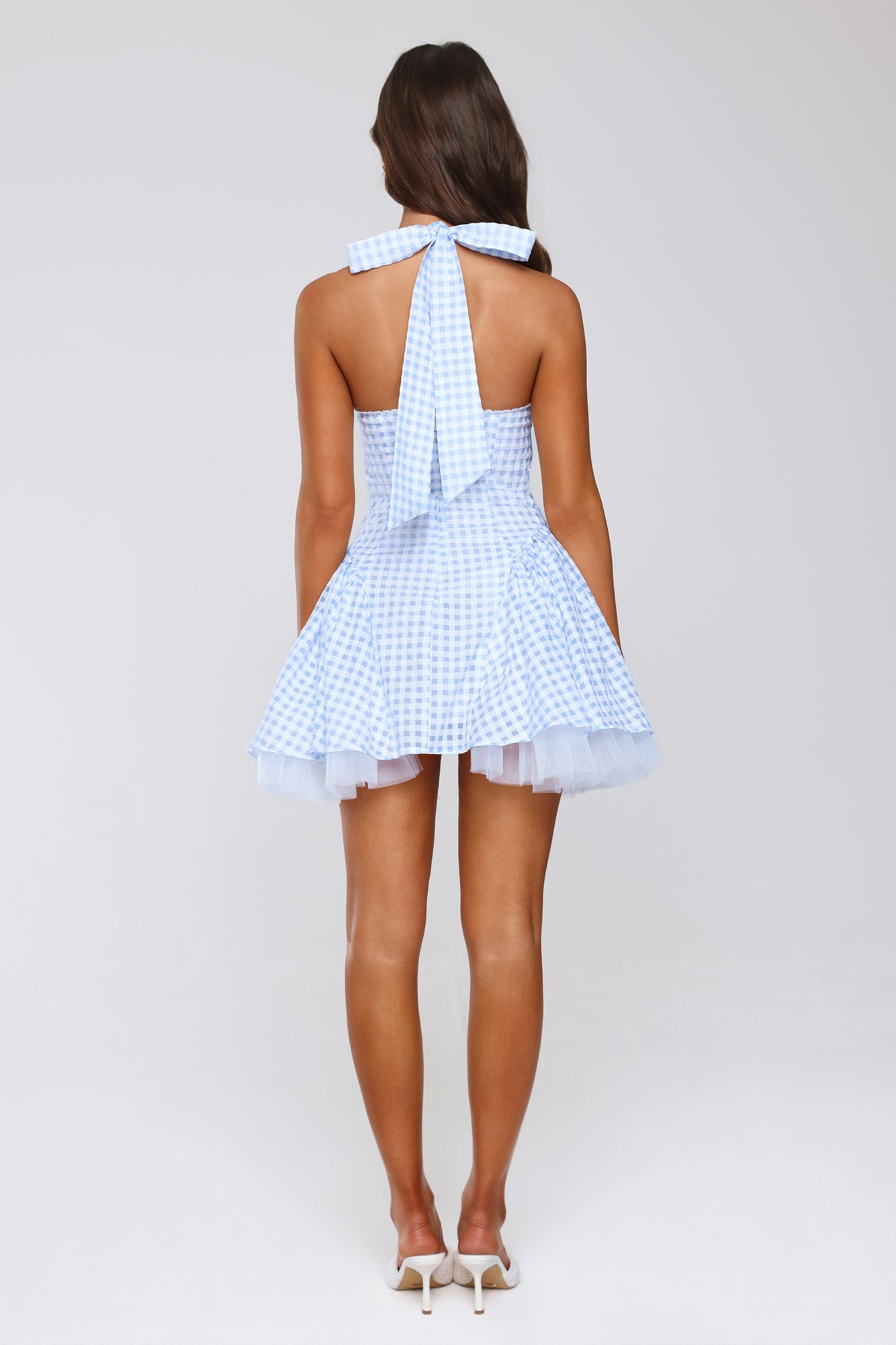 Enchanted Lily Gingham Halter Mini Dress Blue