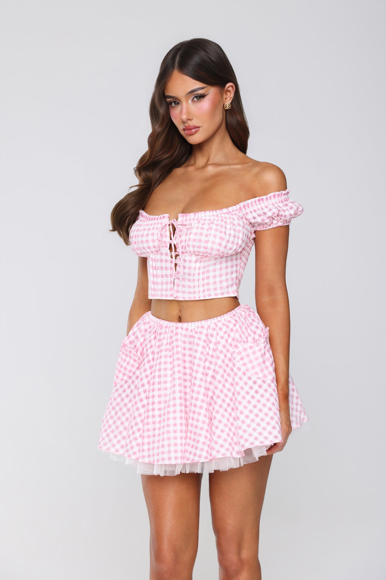 Candlelit Lovers Off Shoulder Gingham Crop Top Blush