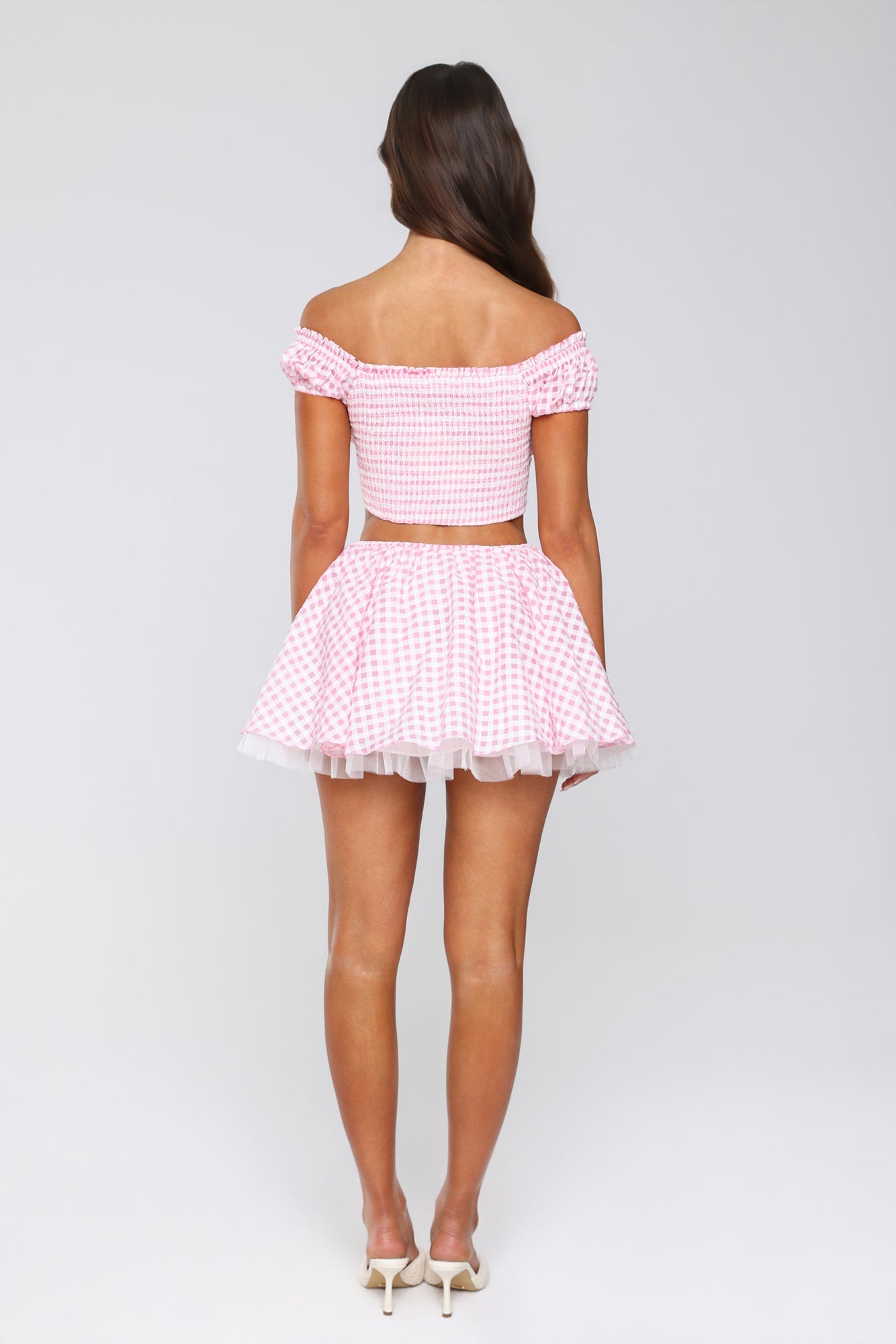 Candlelit Lovers Off Shoulder Gingham Crop Top Blush