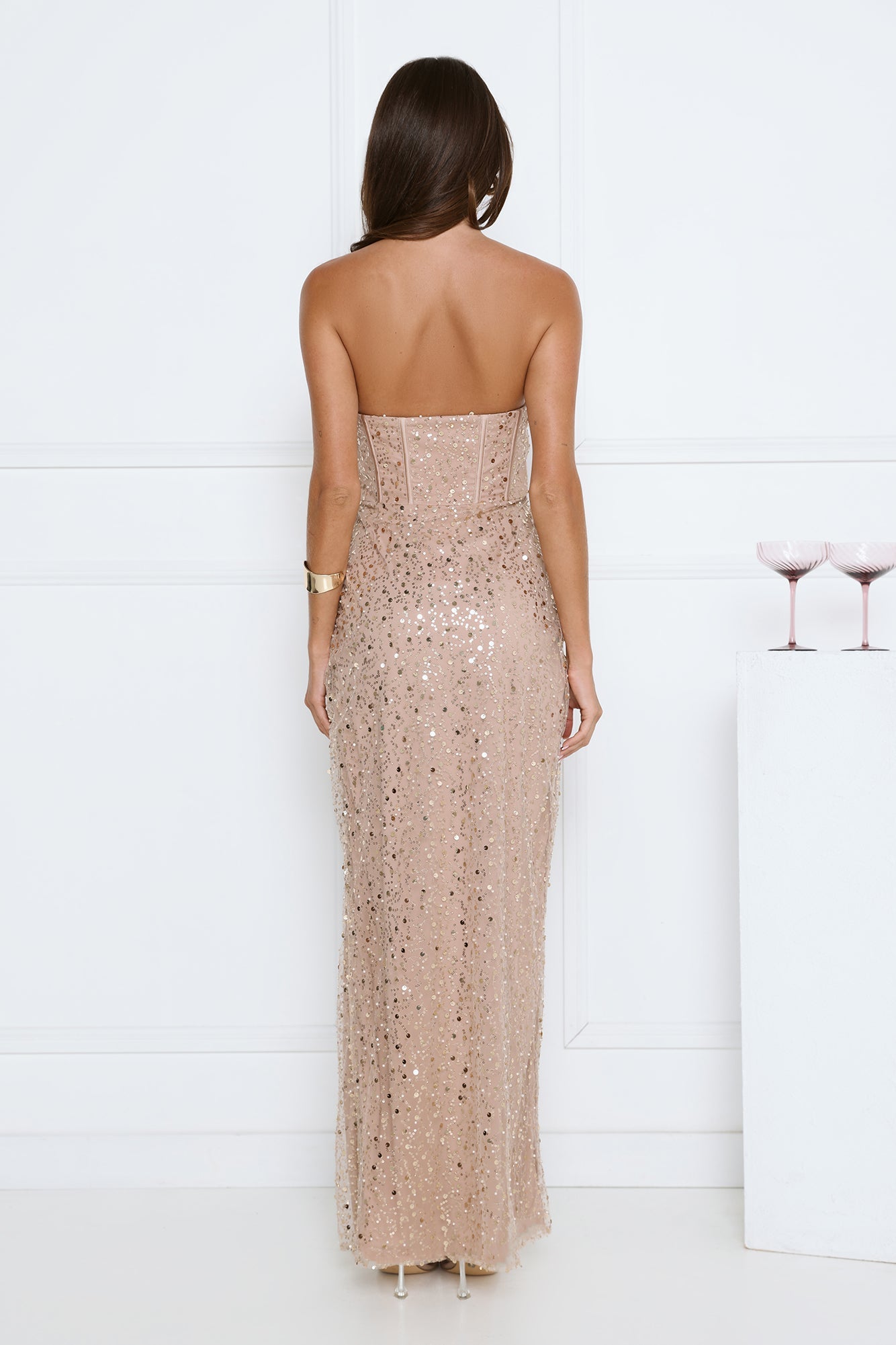 Confetti Royale Strapless Sequin Maxi Dress Gold