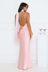 Cinnamon Glaze Halter Satin Maxi Dress Pink