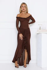 Lunar Twinkle Mesh Off Shoulder Maxi Dress Brown