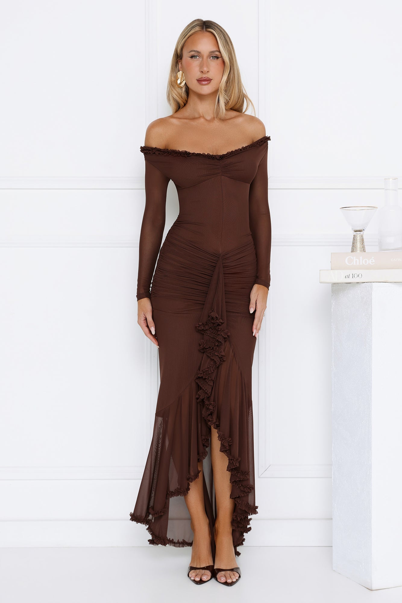 Lunar Twinkle Mesh Off Shoulder Maxi Dress Brown