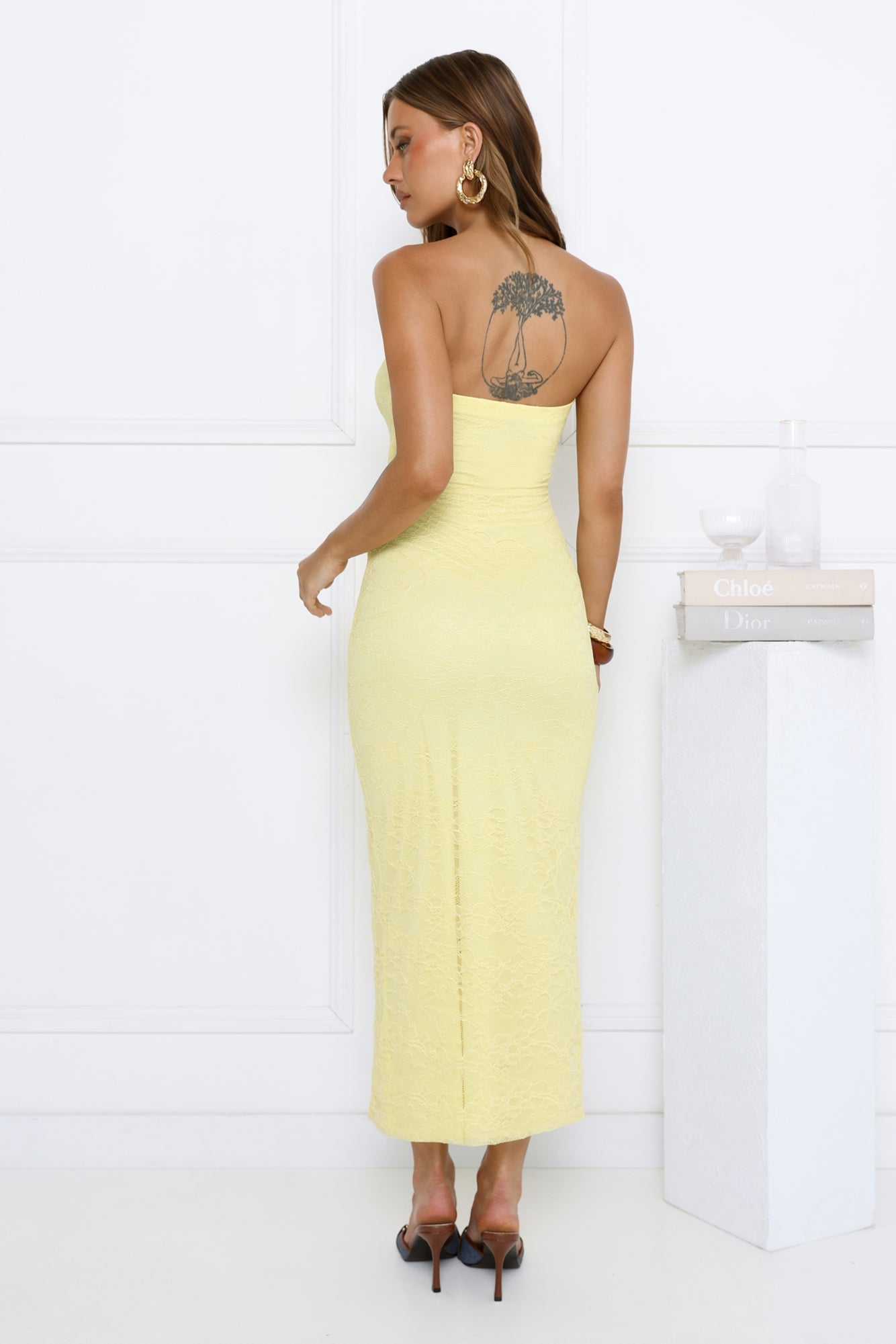 In Season Lace Strapless Maxi Dress Yellow