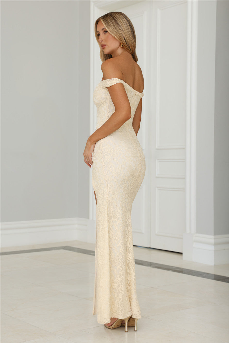 Cherished Off Shoulder Lace Maxi Dress Lemon