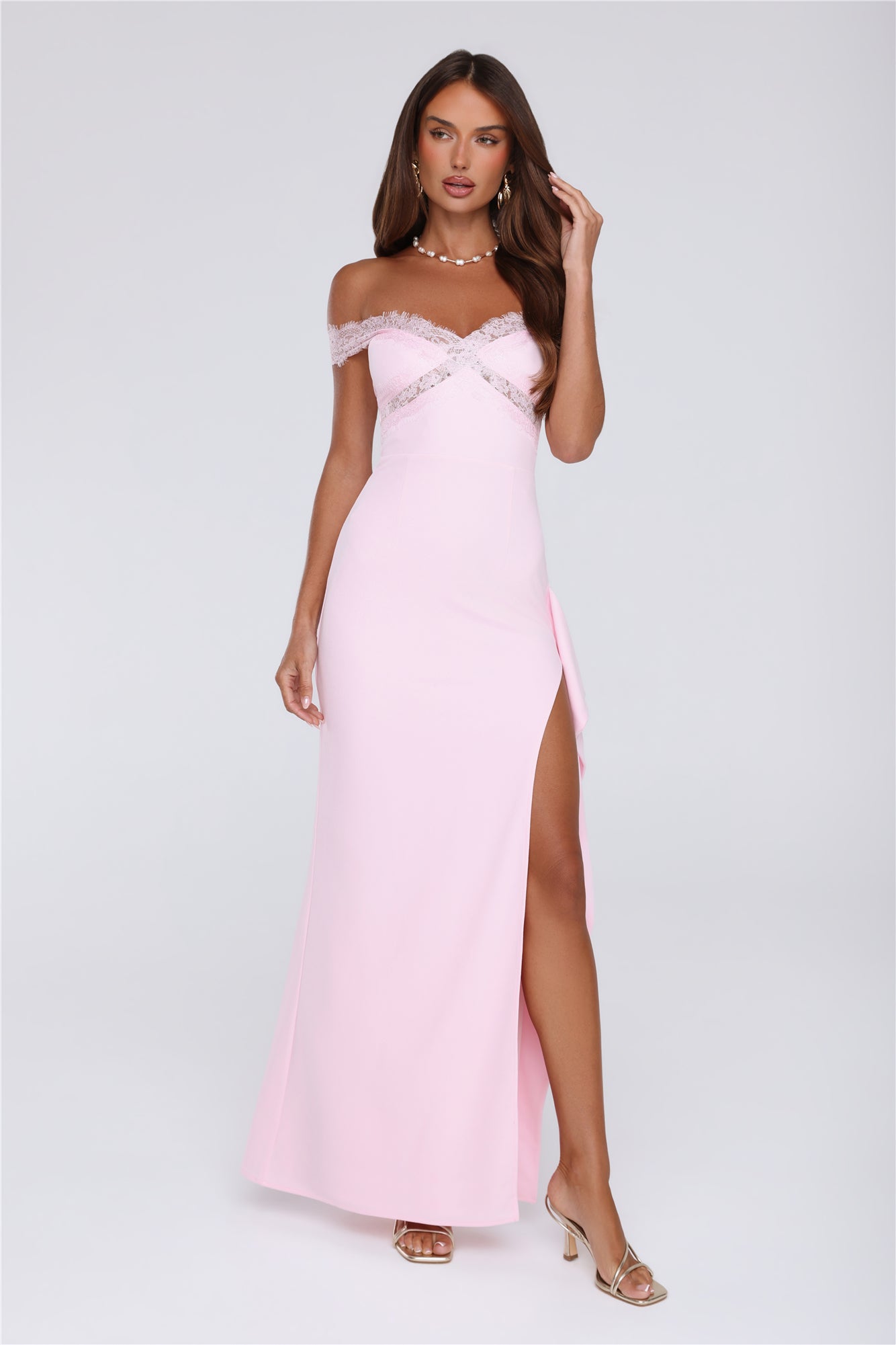 Ethereal Lace Off Shoulder Maxi Dress Blush