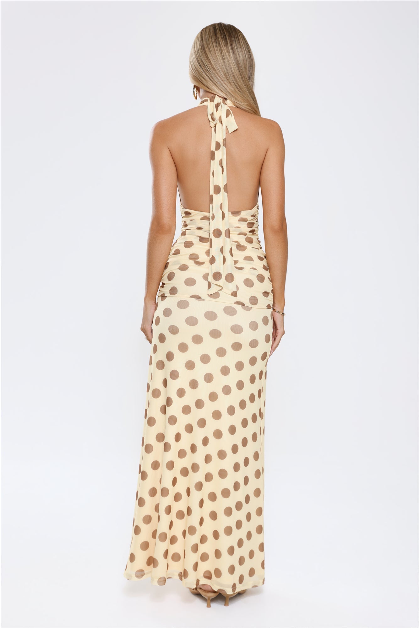 Nightlife Icon Halter Polka Dot Maxi Dress Yellow