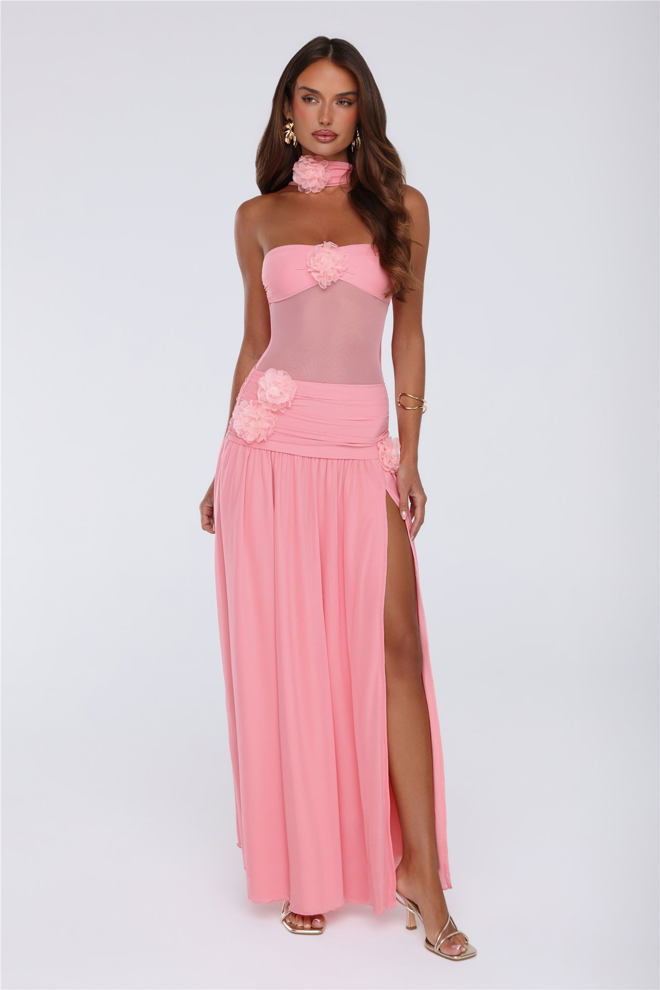 Island Allure Mesh Strapless Maxi Dress Pink