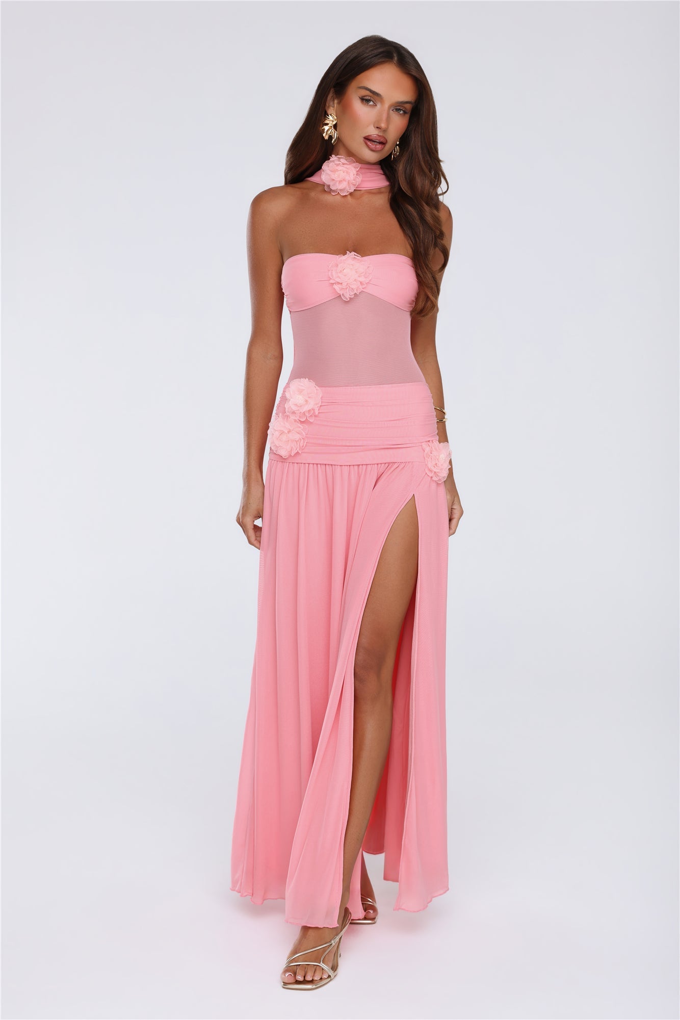 Island Allure Mesh Strapless Maxi Dress Pink