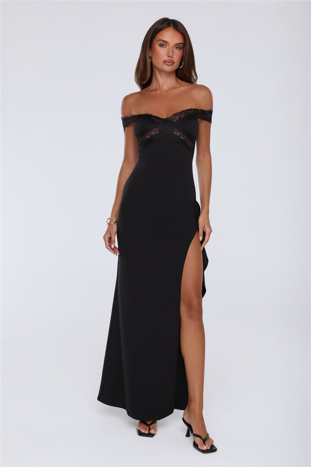 Ethereal Lace Off Shoulder Maxi Dress Black