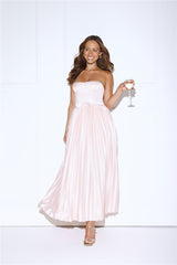Glossed Over Strapless Satin Pleated Maxi Dress Pink