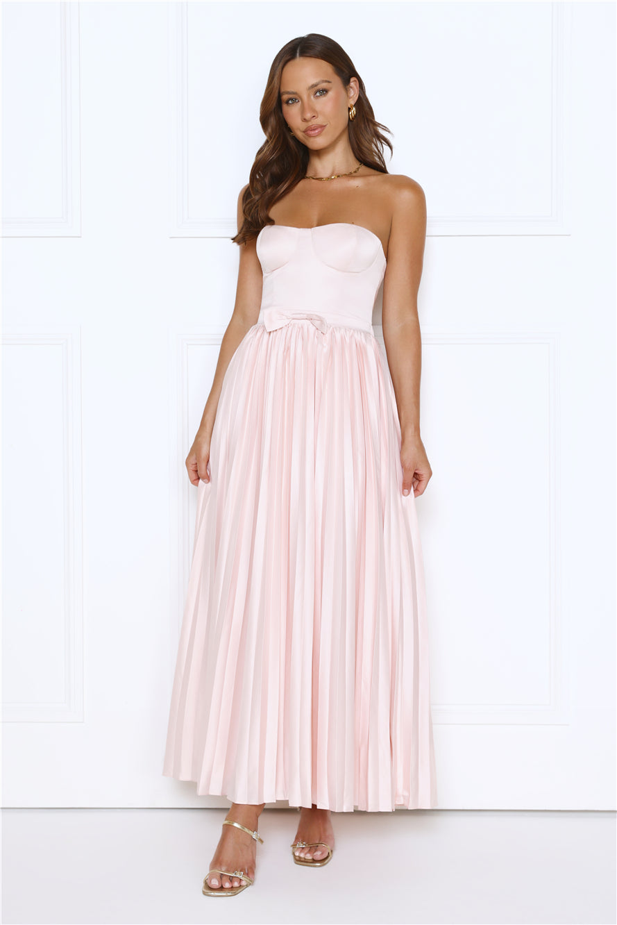 Glossed Over Strapless Satin Pleated Maxi Dress Pink
