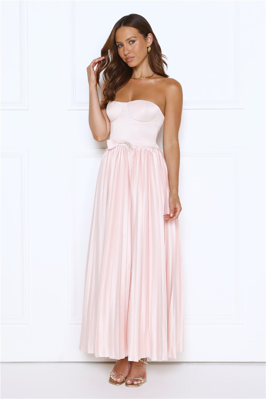 Glossed Over Strapless Satin Pleated Maxi Dress Pink