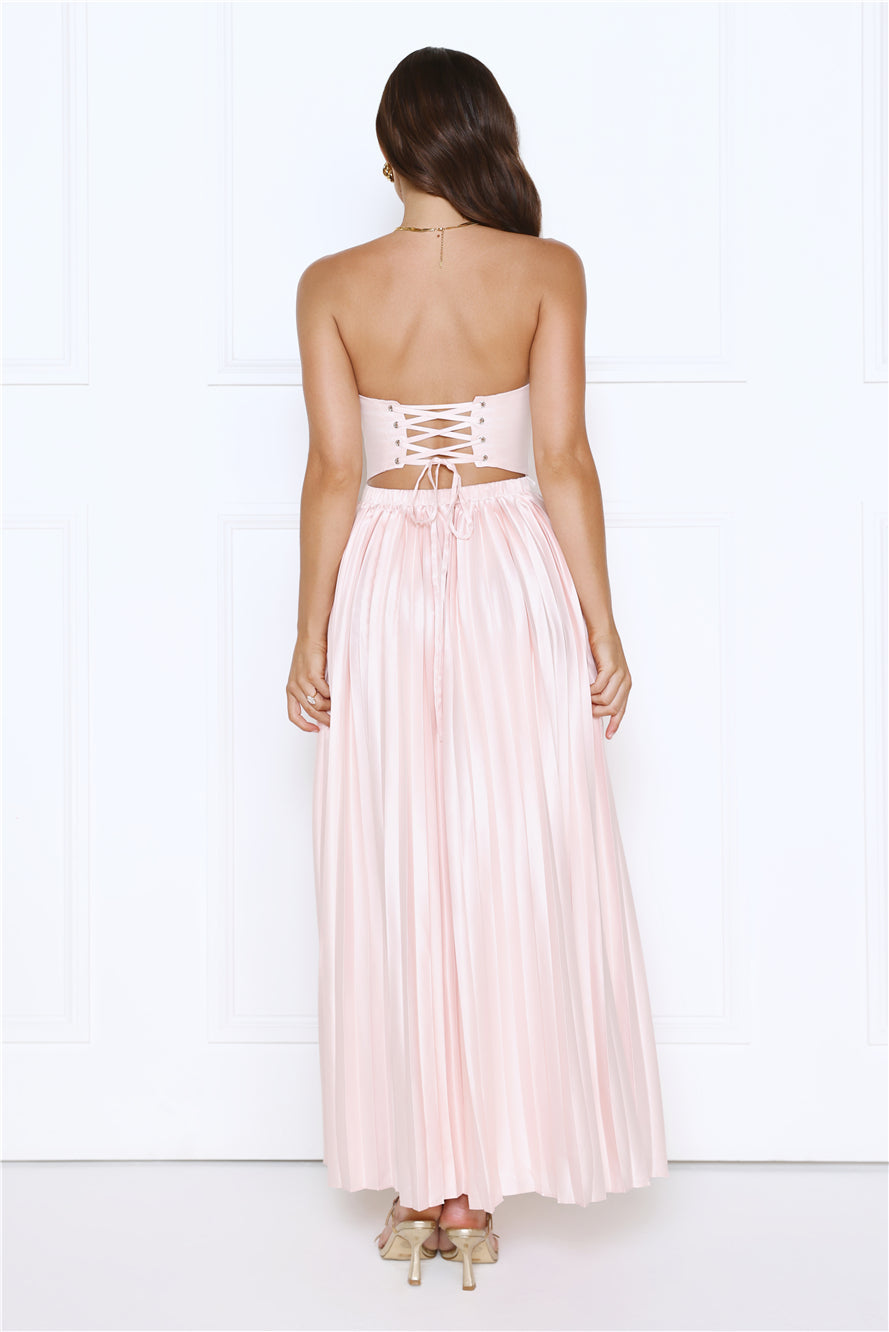 Glossed Over Strapless Satin Pleated Maxi Dress Pink