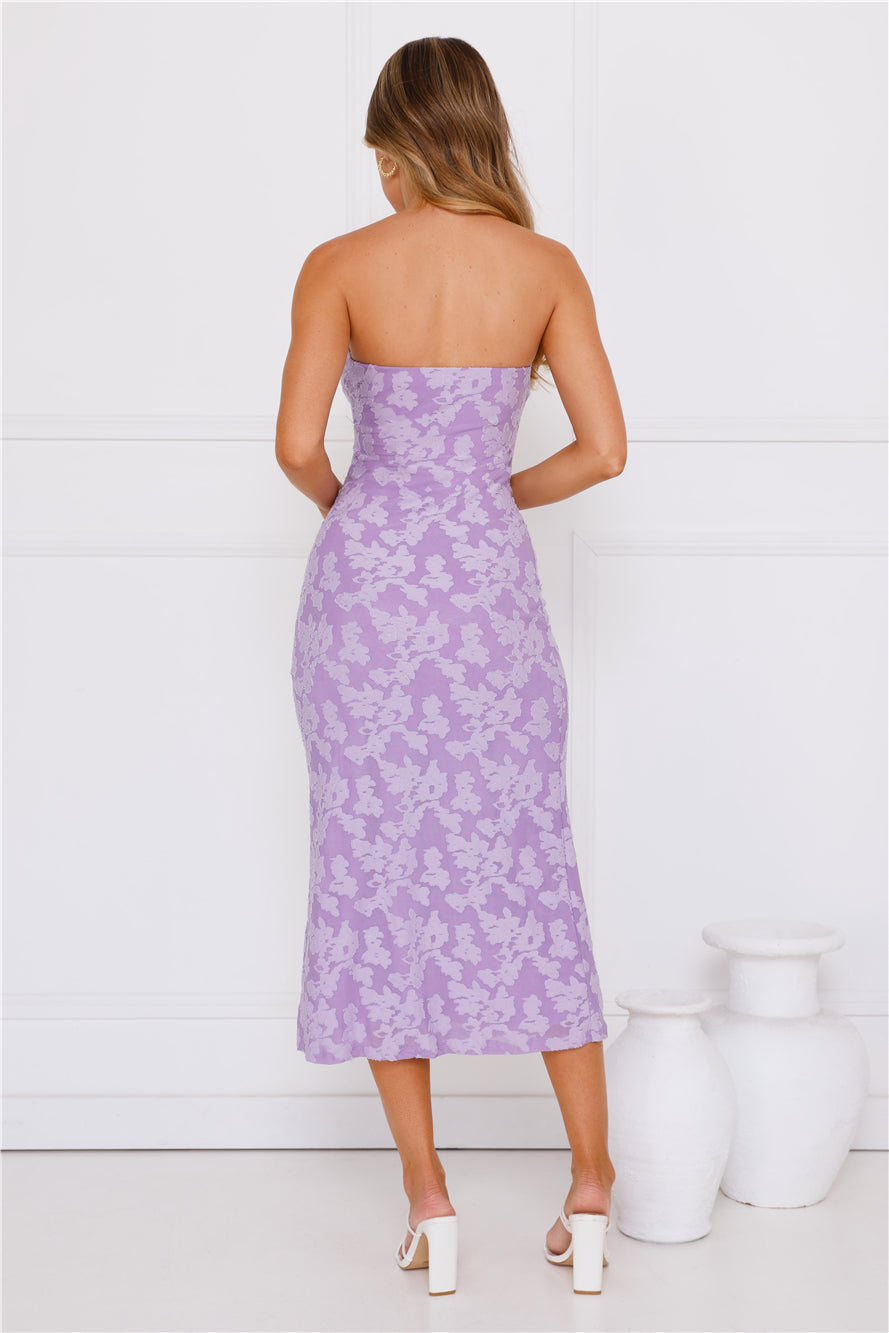 Frosted Floral Strapless Midi Dress Purple