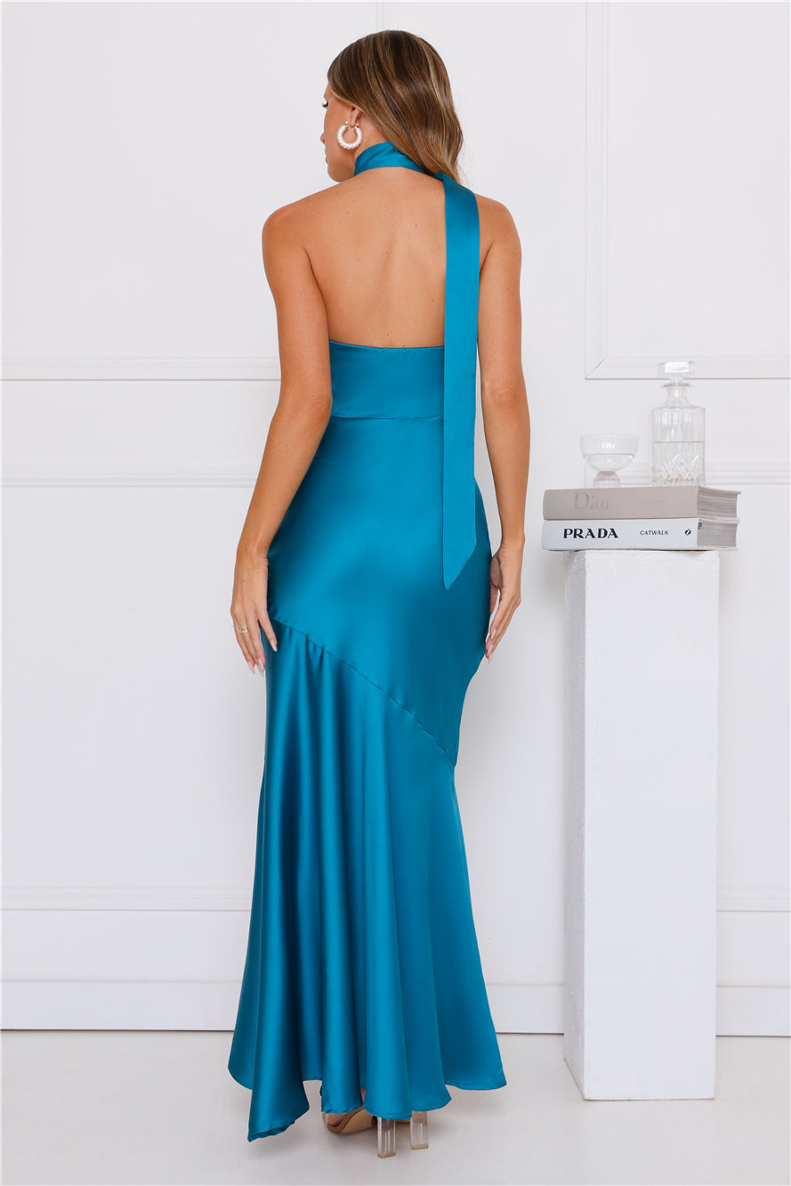 Graceful Influence Satin Halter Maxi Dress Teal