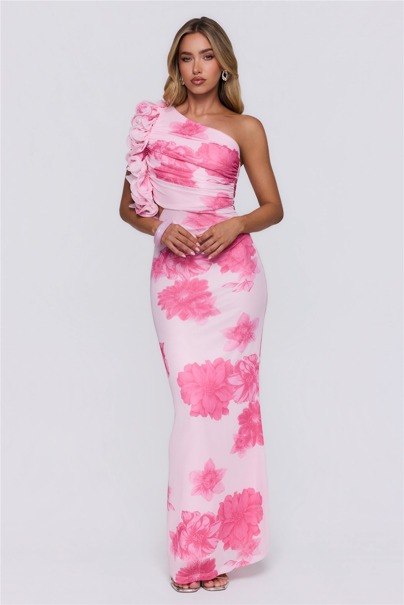 Dream Petals One Shoulder Maxi Dress Pink