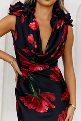 Falling Petals Satin Maxi Dress Black