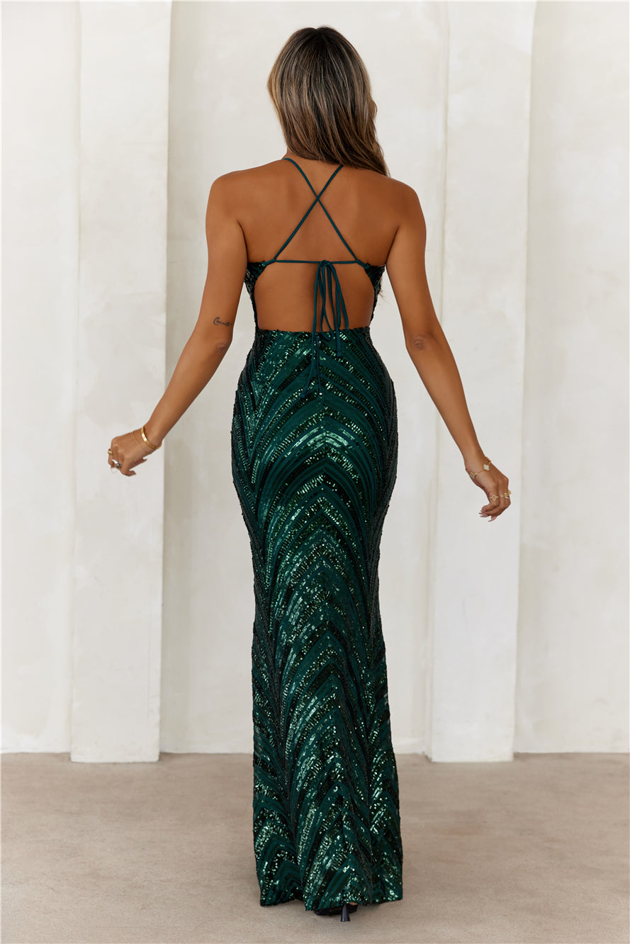 Glittering Mirage Sequin Maxi Dress Hunter