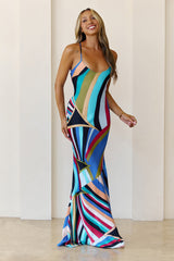 Emilio Bias Lace Up Maxi Dress Blue