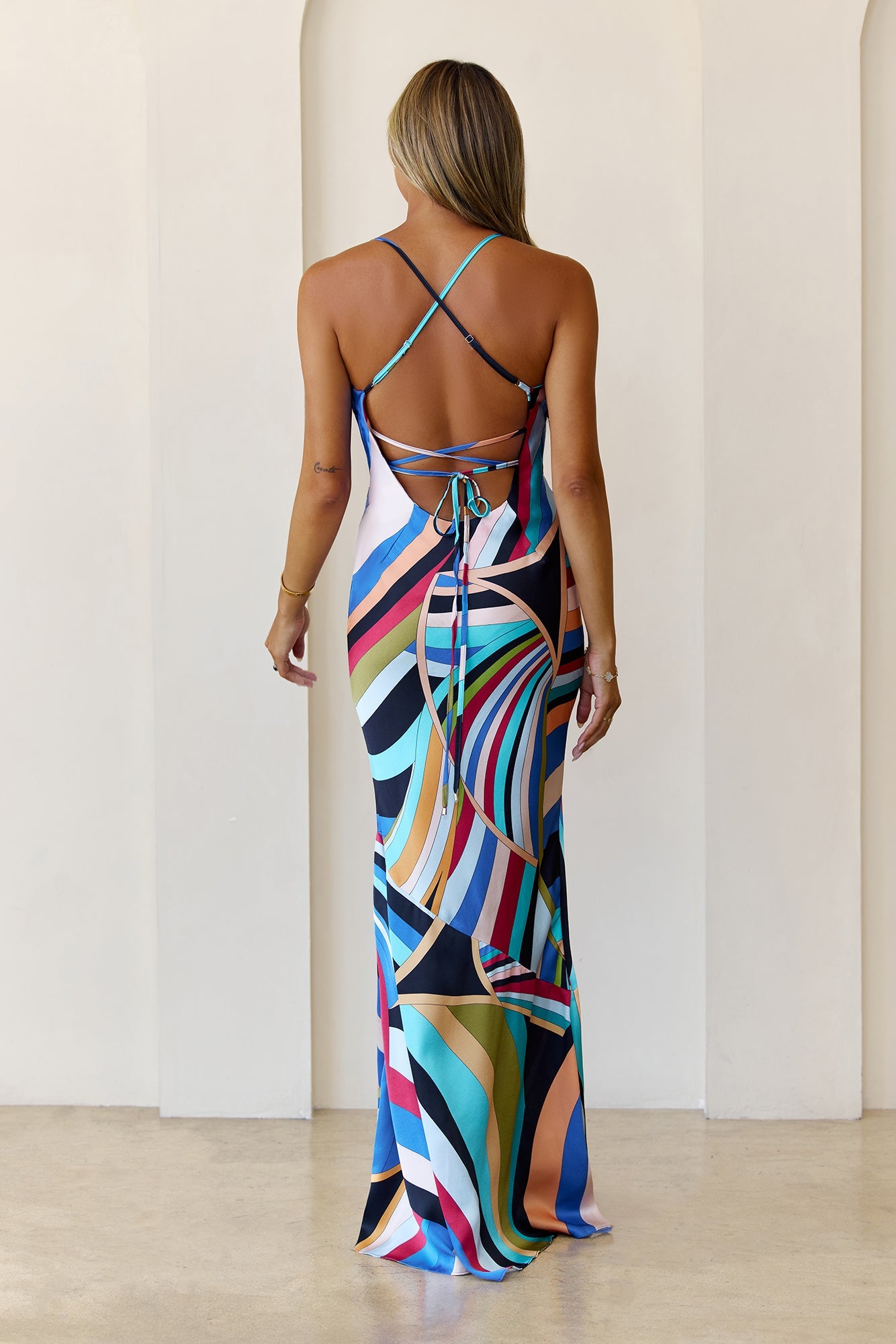 Emilio Bias Lace Up Maxi Dress Blue
