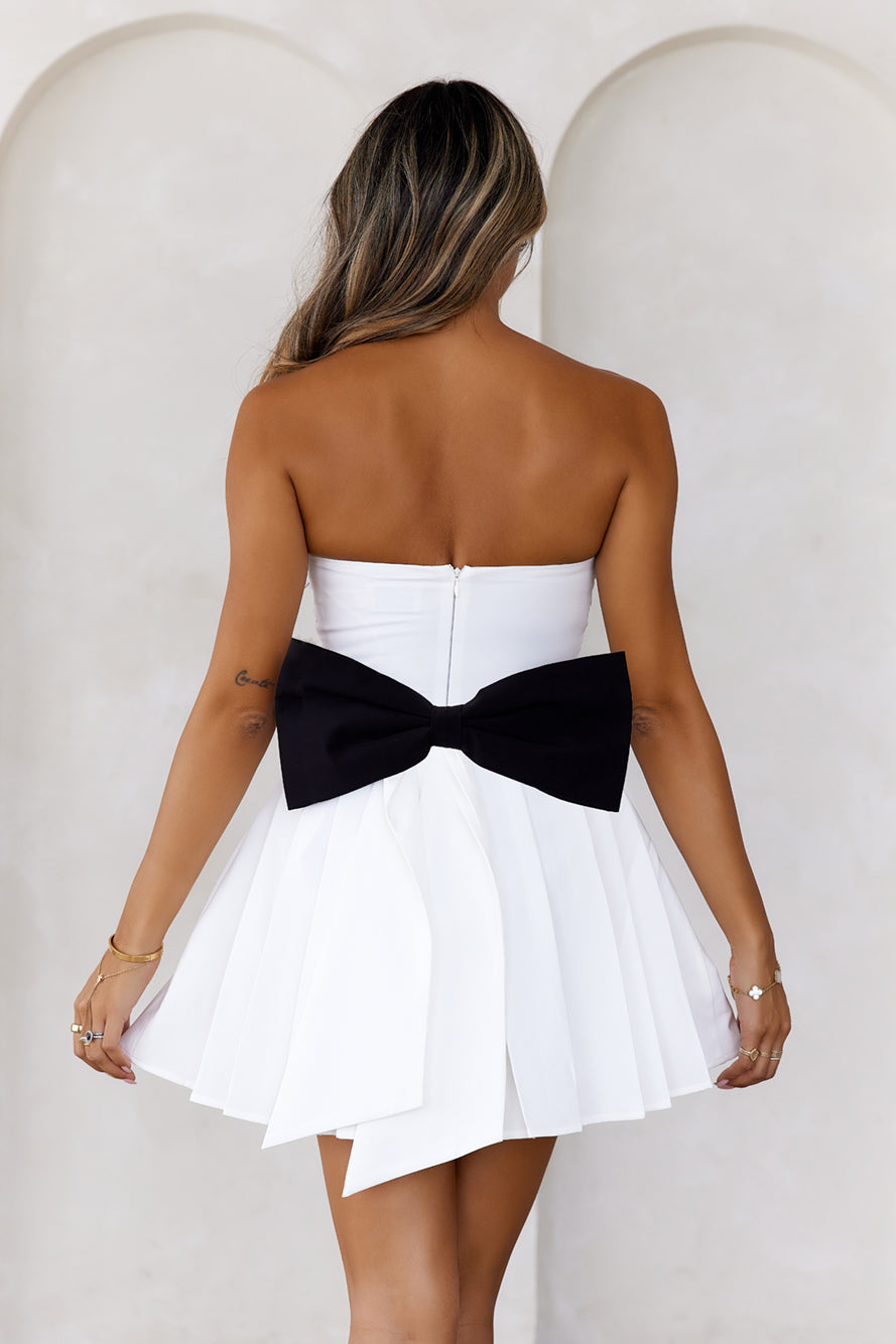 Celebrating Me Strapless Mini Dress White Base Black Bow