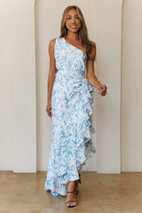 Gentle Petals One Shoulder Maxi Dress Blue