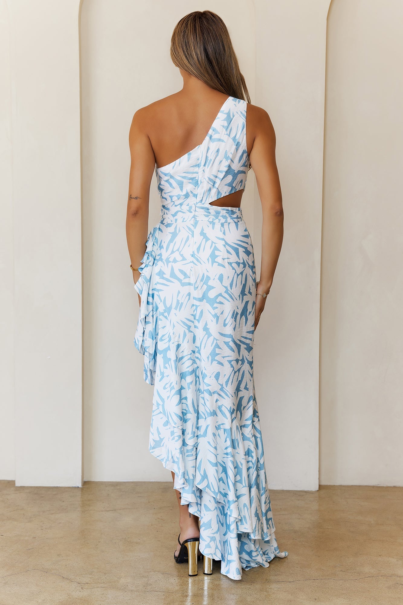 Gentle Petals One Shoulder Maxi Dress Blue