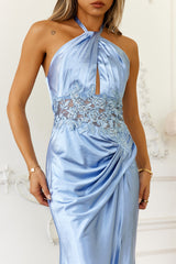 Frosted Glimmer Satin Halter Maxi Dress Blue