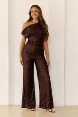 Dance Night Off Shoulder Sequin Jumpsuit Brown