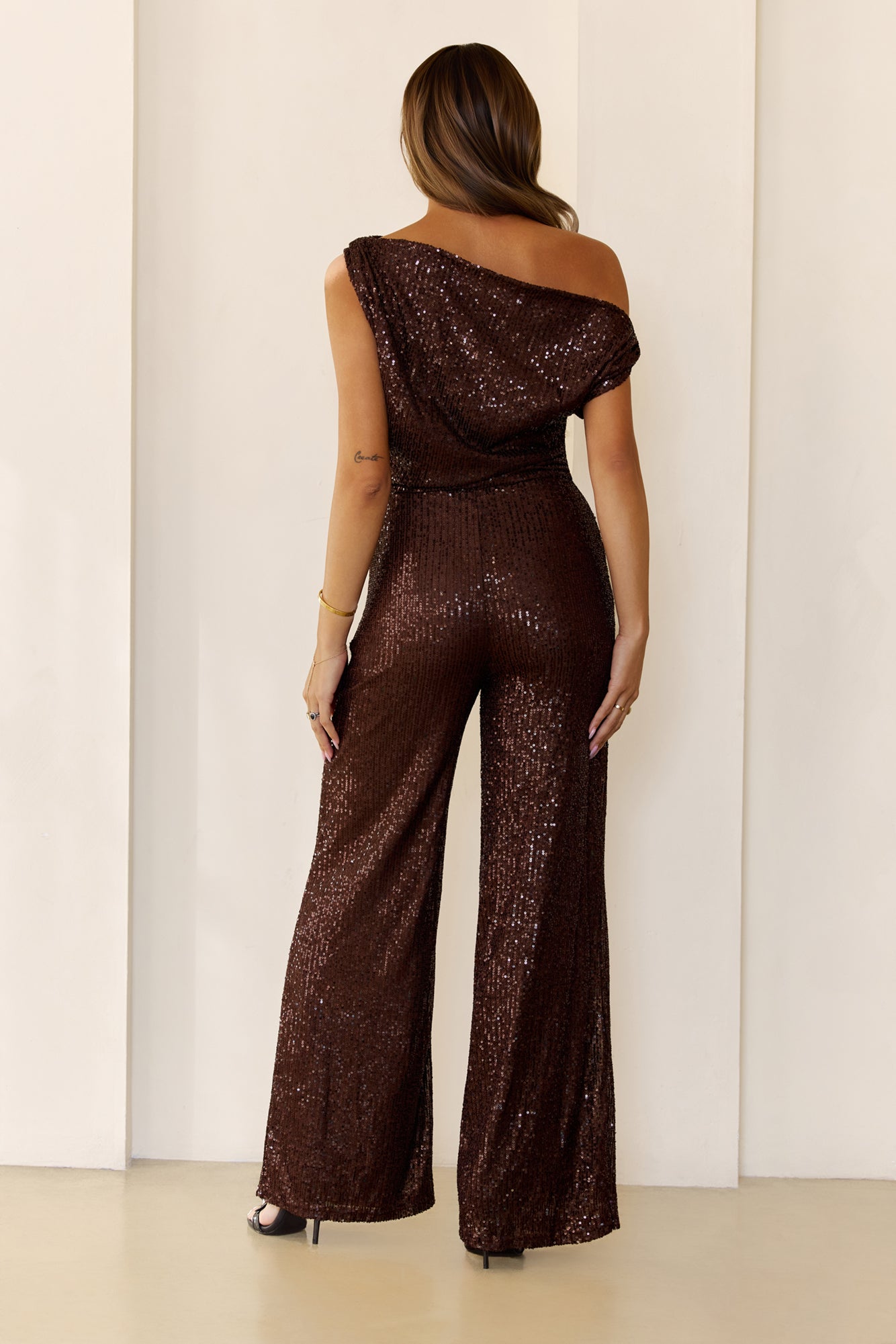 Dance Night Off Shoulder Sequin Jumpsuit Brown