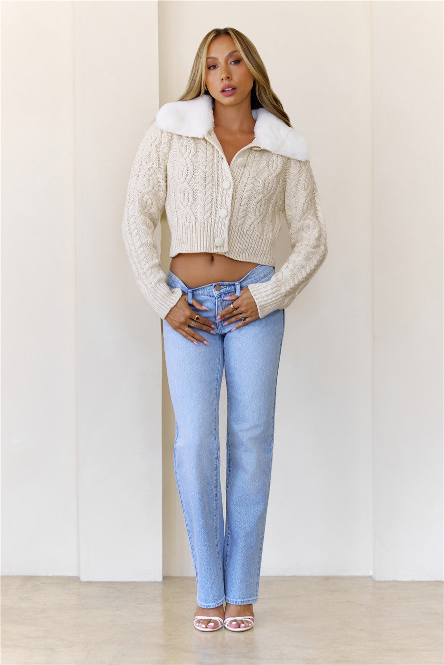 Luxe Loop Cropped Cable Knit Cardigan Ivory