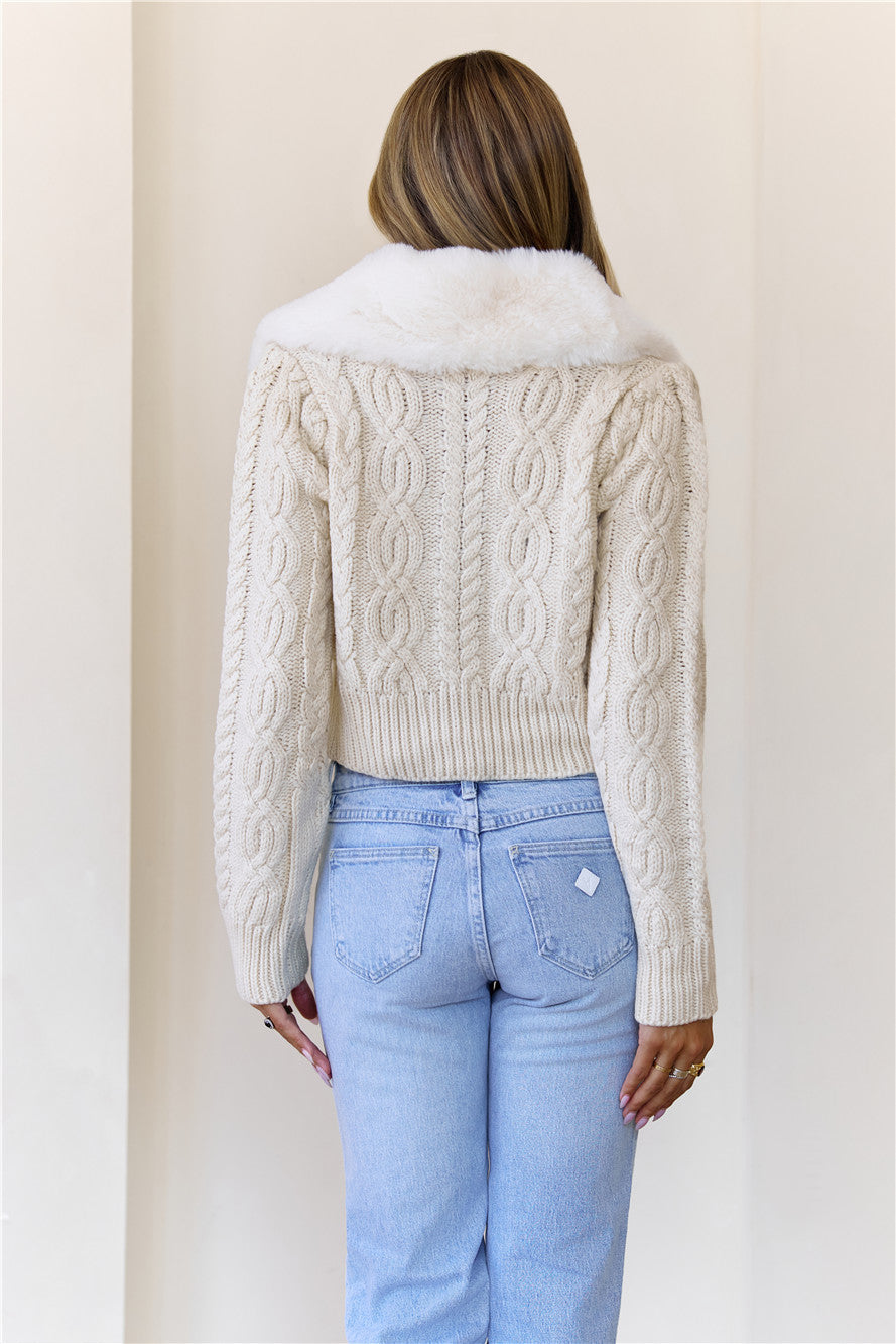 Luxe Loop Cropped Cable Knit Cardigan Ivory