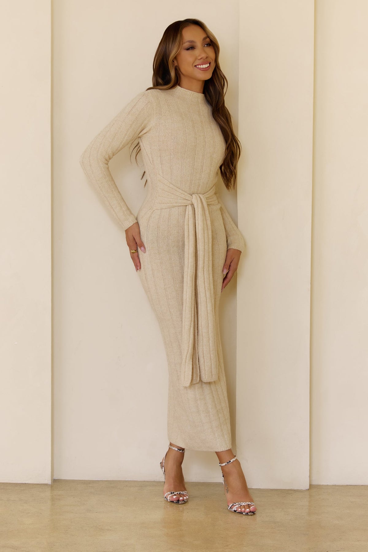 Chilly Nights Knit Long Sleeve Maxi Dress Cream