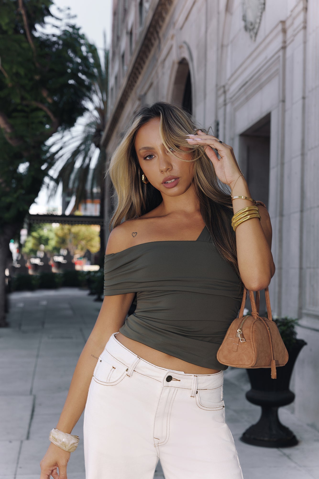 BASE Contour Luxe Form Off Shoulder Top Khaki