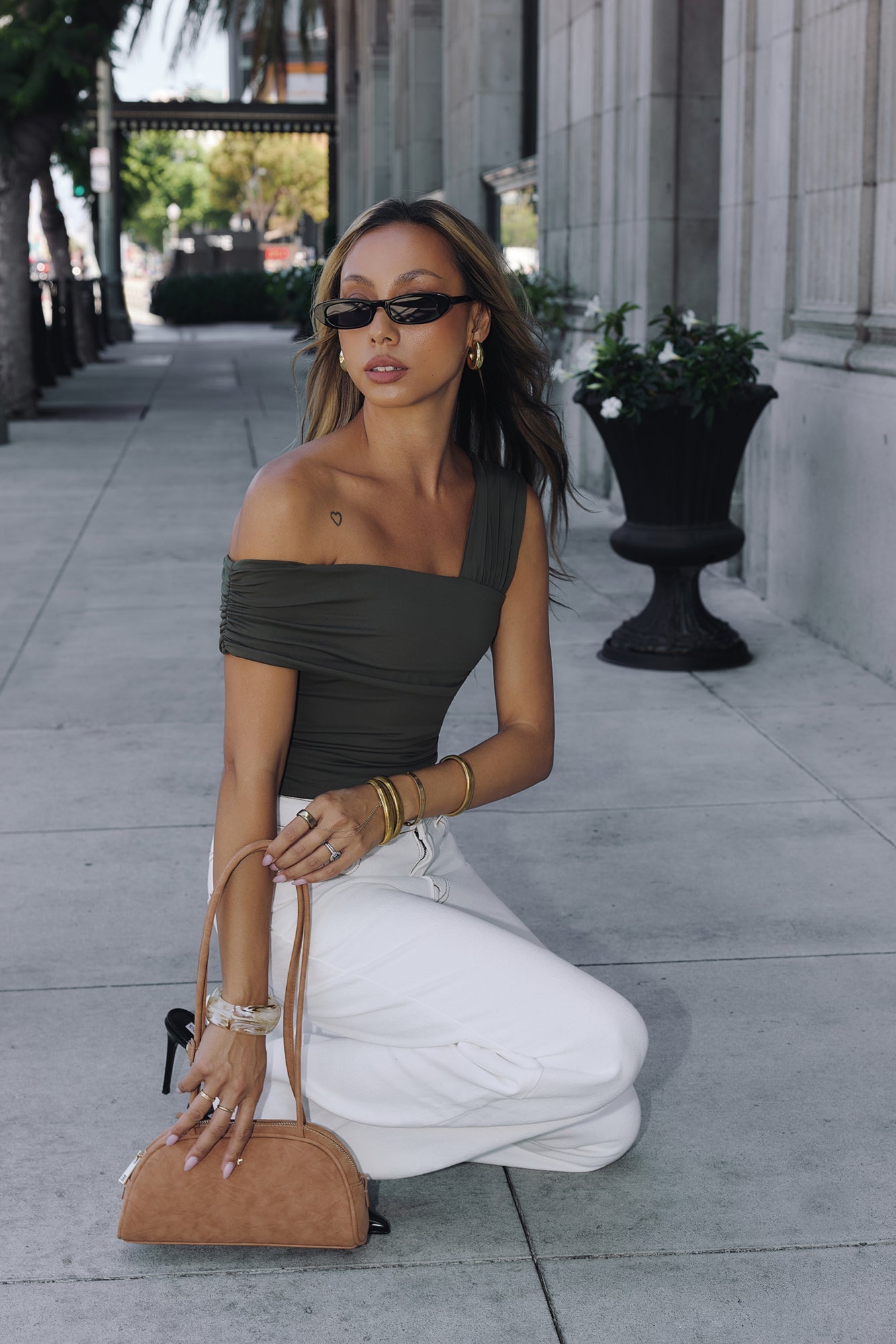 BASE Contour Luxe Form Off Shoulder Top Khaki