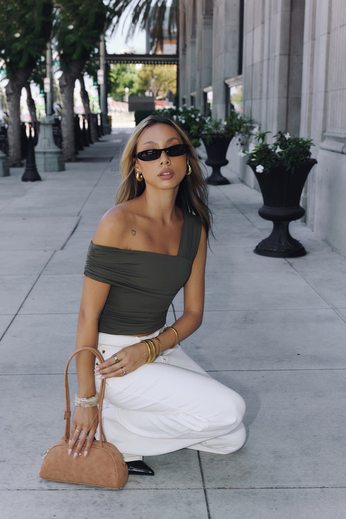 BASE Contour Luxe Form Off Shoulder Top Khaki