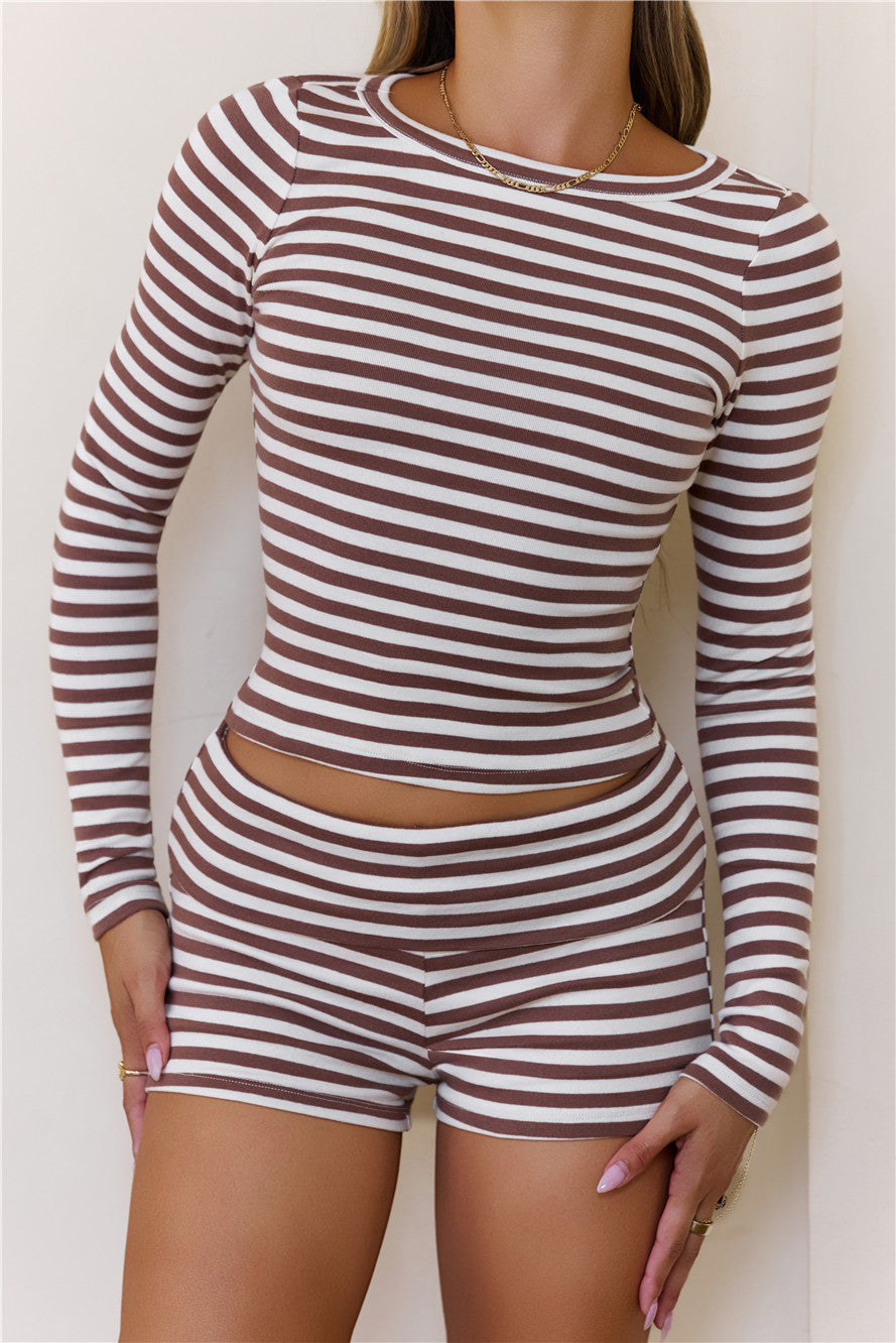 BASE Luxe Rib Fold Over Shorts Brown Stripe