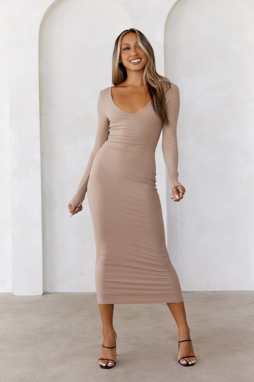 BASE The Must Own Long Sleeve Ribbed Midi Dress Latte