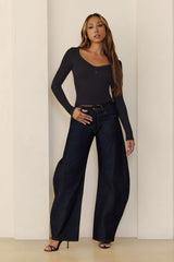 BASE Luxe Rib V Neck Button Long Sleeve Top Black