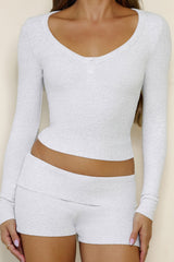 BASE Luxe Rib V Neck Button Long Sleeve Top Grey Marle