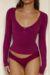 BASE Luxe Rib V Neck Button Long Sleeve Top Berry